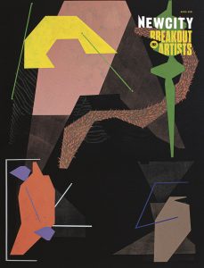 Abstract shapes in bright colors over black background.