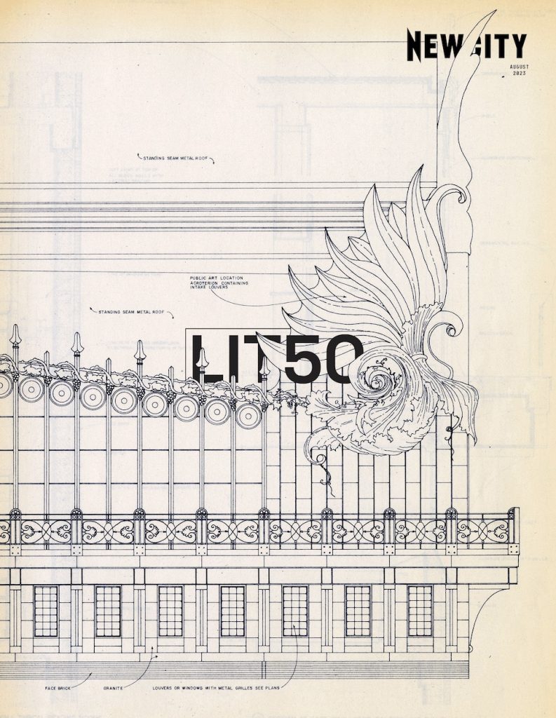 Newcity cover with words "Lit 50" plus blueprint of the Harold Washington Library Center.